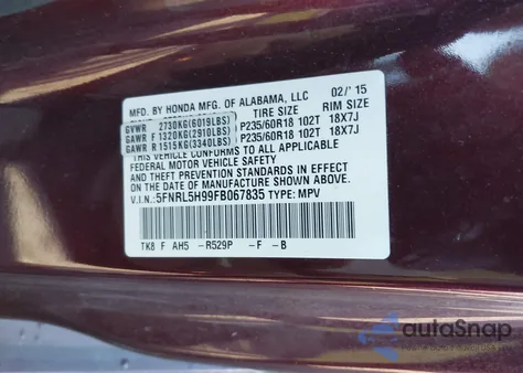 2015 Honda Odyssey Touring/Touring Elite from USA, damaged, VIN 5FNRL5H99FB067835